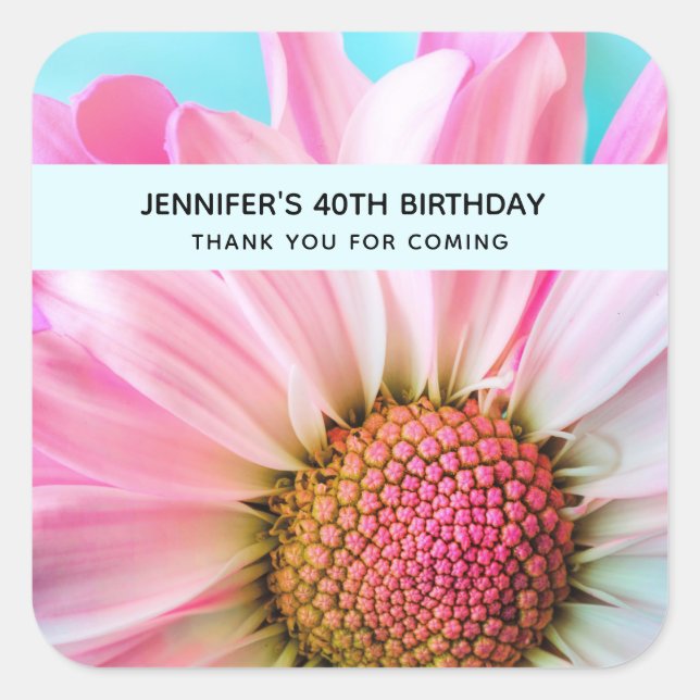 Sticker Carré Belle Fleur rose Gros plan Photo Anniversaire (Devant)