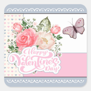 Sticker Carré Belle florale et papillon Saint-Valentin