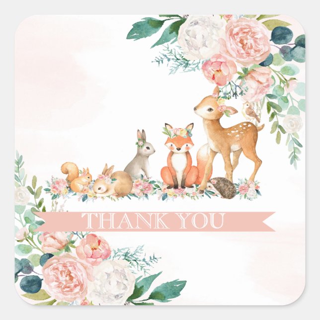 Sticker Carré Belle forêt Bois Animaux Fille Baby shower (Devant)
