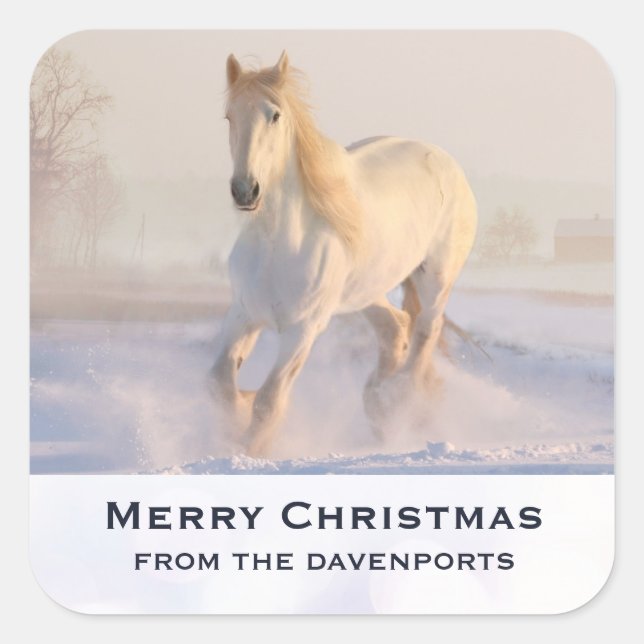Sticker Carré Belle Galloping de Cheval Blanc dans les Noël de N (Devant)