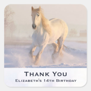 Sticker Carré Belle Galloping de Cheval Blanc en hiver Anniversa