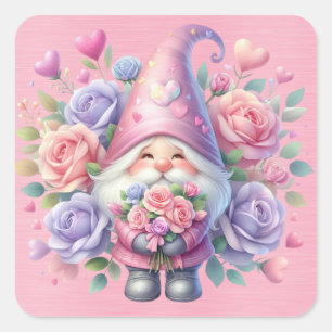 Sticker Carré Belle Gnome rose et pourpre parmi les Roses