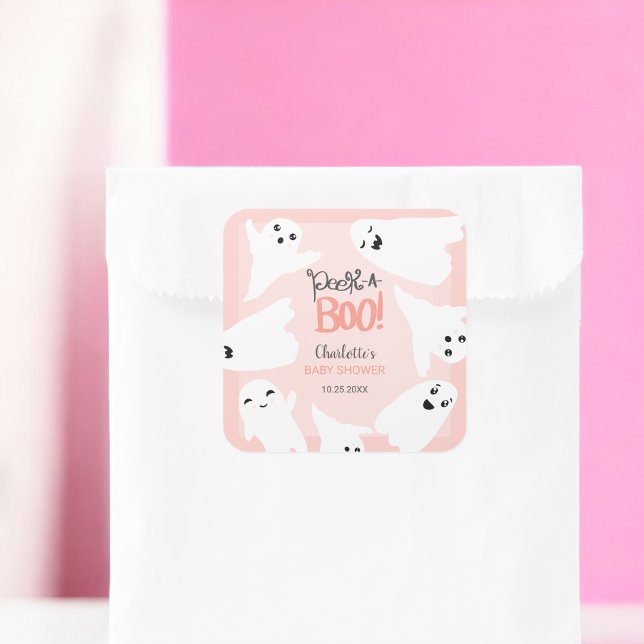 Sticker Carré Belle Halloween fantômes baby shower rose (Cute Halloween boo ghosts pink baby shower Square Sticker)