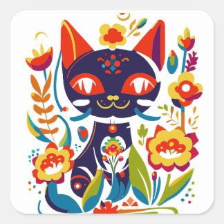 Sticker Carré Belle illustration d'art folklorique de chat noir