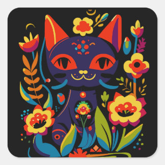 Sticker Carré Belle illustration d'art folklorique de chat noir