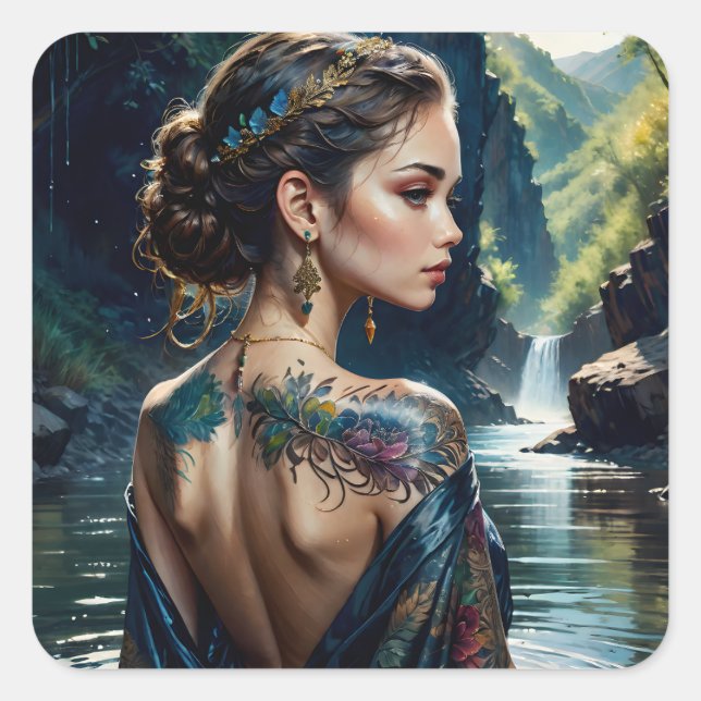 Sticker Carré Belle jeune femme avec tatouage sur son épaule. (Devant)