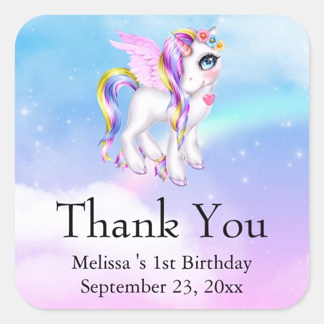 Sticker Carré Belle licorne avec Rainbow Mane Merci (Devant)