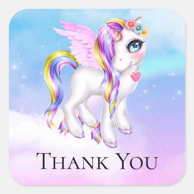 Sticker Carré Belle licorne avec Rainbow Mane & Tail (Devant)