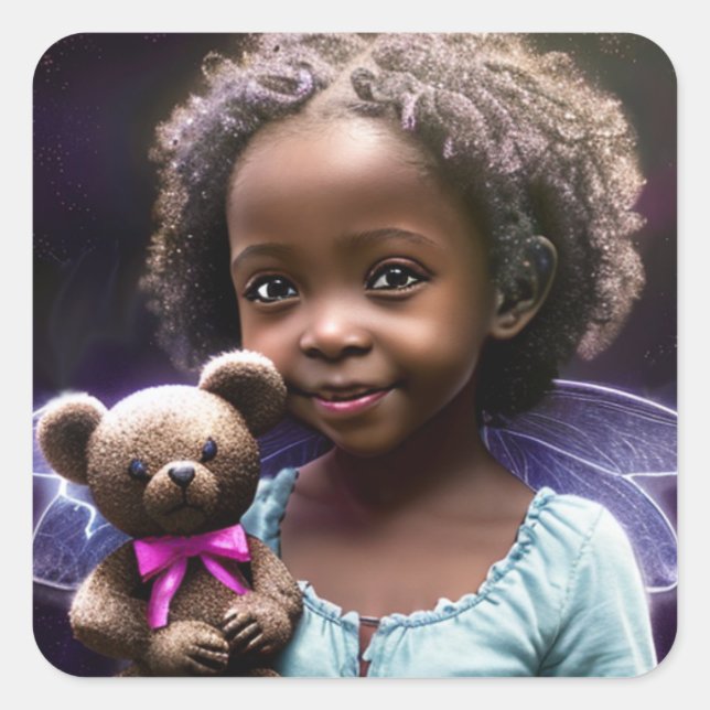 Sticker Carré Belle petite fille tenant un ours en peluche (Devant)