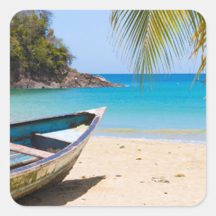 Sticker Carré Belle plage tropicale avec bateau à rames