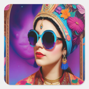 Sticker Carré Belle princesse avec lunettes de soleil