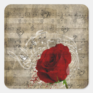 Sticker Carré Belle rose rouge notes piano tourbillonné
