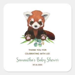 Sticker Carré Belle Rouge Panda Ours Verdure Baby shower neutre