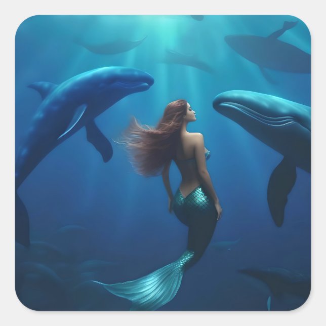 Sticker Carré Belle Sirène Nager Avec Baleines À Bosse, (Devant)