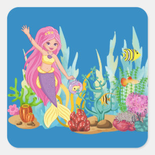 Sticker Carré Belle sirène PINK HAIR jouant dans la mer