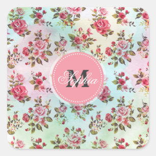 Sticker Carré Belle tendance girly vintage monogramme roses