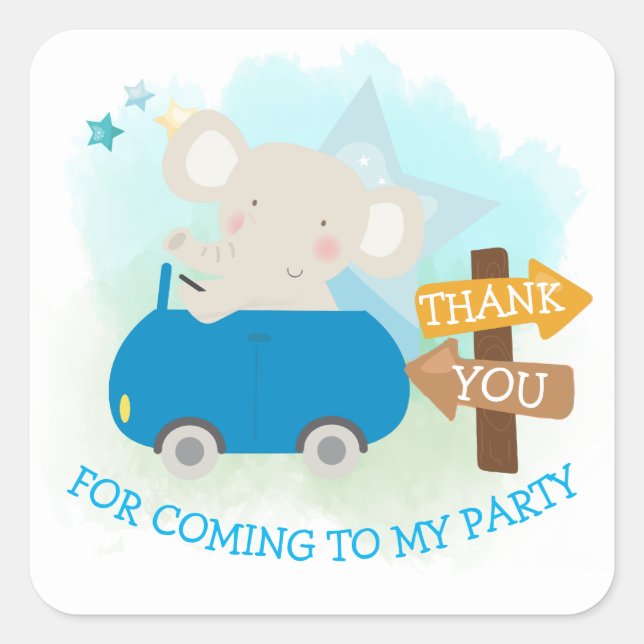 Sticker Carré Belle voiture éléphant Merci garçon Anniversaire (Devant)