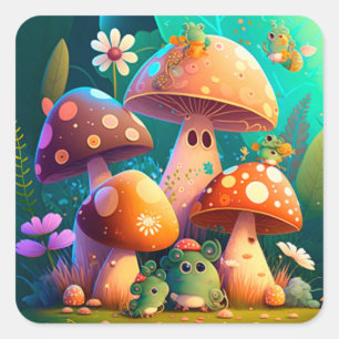 Sticker Carré Belles champignons de bébé vert