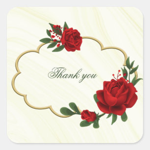 Sticker Carré belles fleurs rouges vert feuilles merci