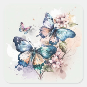 Sticker Carré Belles papillons et fleurs