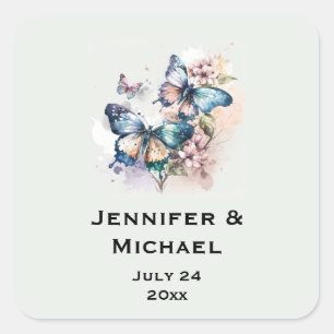 Sticker Carré Belles papillons et fleurs Mariage Date