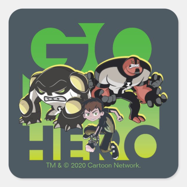 Sticker Carré Ben Tennyson, Cannonbolt et Four Arms - Go Hero (Devant)