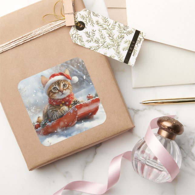 Sticker Carré Bengal Cat in Sledge Let it Snow Christmas (Cadeaux)