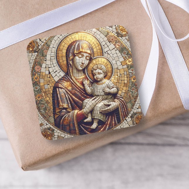 Sticker Carré Béni Mère Marie et Bébé Jésus | Noël (Créateur téléchargé)