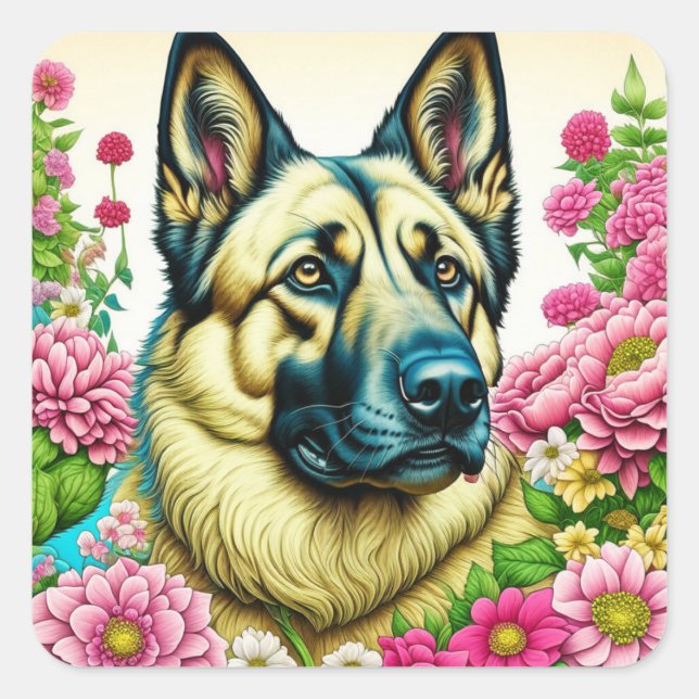 Sticker Carré Berger allemand en Fleurs roses Ai Art (Devant)