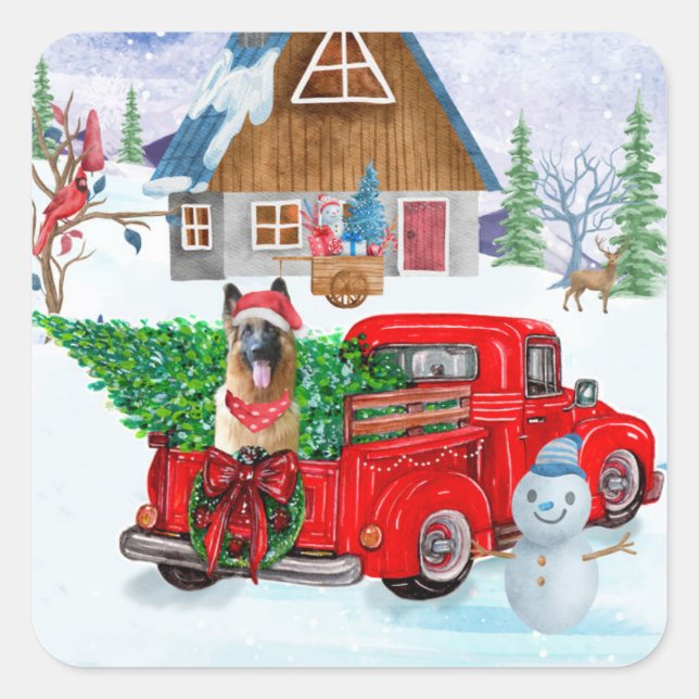 Sticker Carré Berger Allemand En Livraison De Noël Camion Neige (Devant)