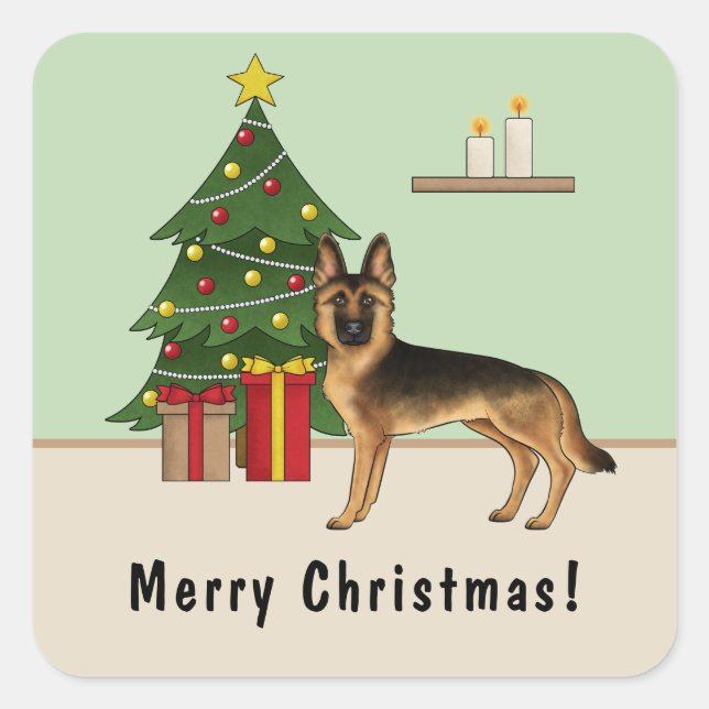 Sticker Carré Berger Allemand Noir Et Tan Et Arbre De Noël (Devant)