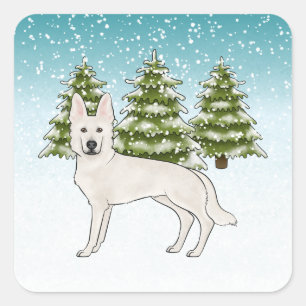 Sticker Carré Berger Blanc Suisse Chien GSD Blanc Forêt d'hiver