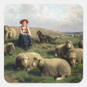 Sticker Carré Bergère avec des moutons dans un paysage