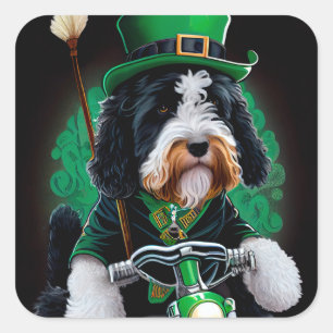 Sticker Carré Bernedoodle Chien conduisant vélo St. Patrick's Da