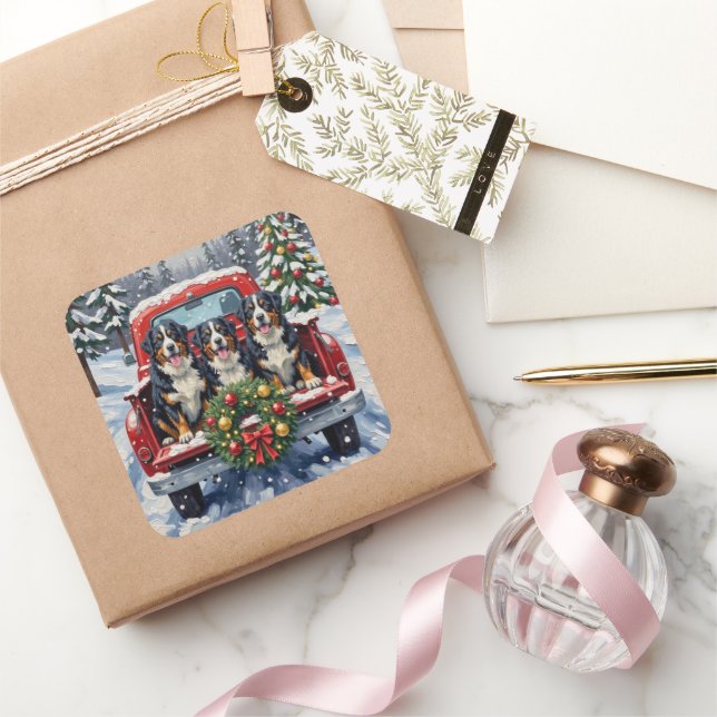 Sticker Carré Bernese Mountain Dog Christmas Red Truck Holiday (Cadeaux)