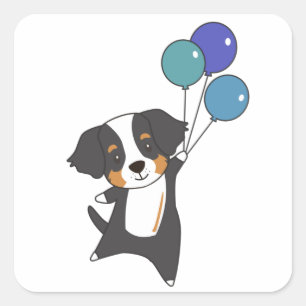 Sticker Carré Bernese Mountain Dog vole avec des ballons doux