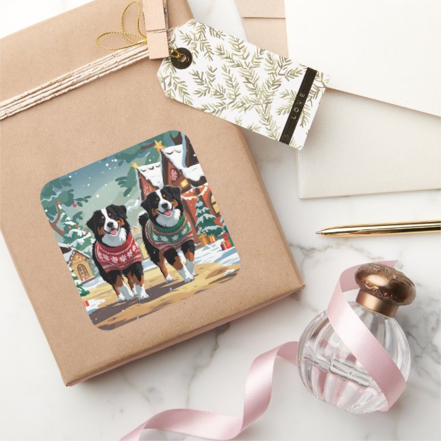 Sticker Carré Bernese Mountain Dogs Christmas Snow Holiday (Cadeaux)