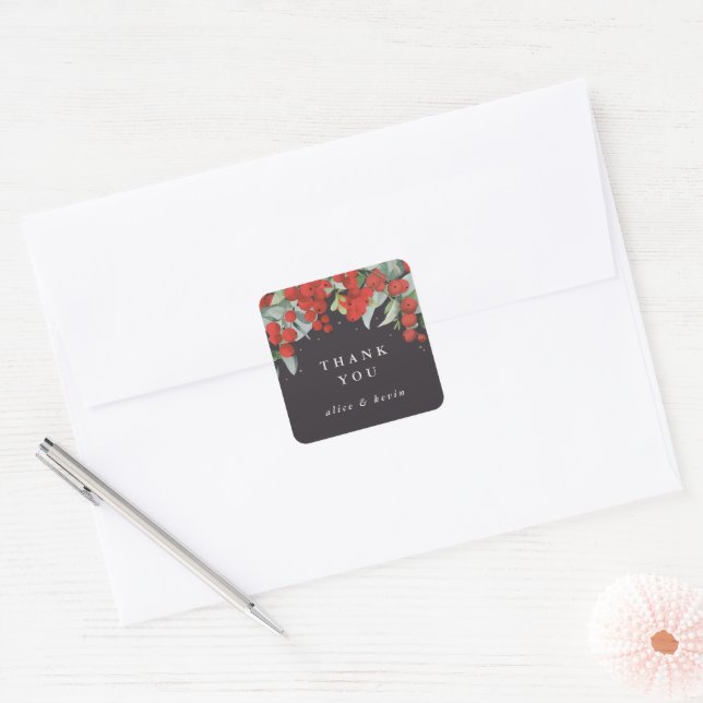 Sticker Carré Berries rouges + Merci de Noël Eucalyptus (Enveloppe)