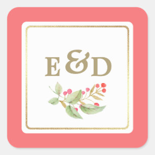 Sticker Carré Berry Branch   Mariage de monogramme de corail ros