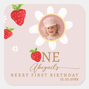 Sticker Carré Berry First 1st Strawberry Birthday Photo