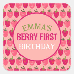 Sticker Carré Berry First Birday Nom personnalisé