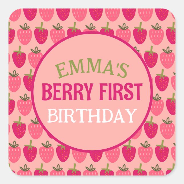 Sticker Carré Berry First Birday Nom personnalisé (Devant)
