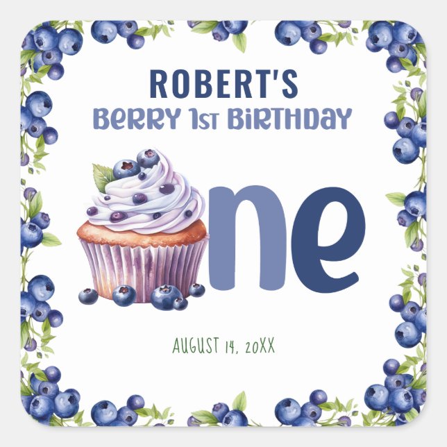 Sticker Carré Berry First Blueberry 1er Anniversaire (Devant)