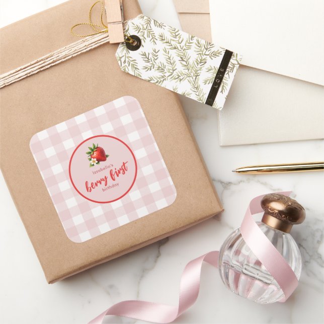 Sticker Carré Berry fraise Premier Anniversaire En vichy rose (Cadeaux)