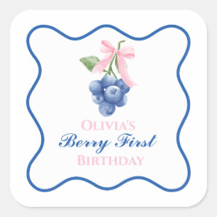 Sticker Carré Berry premier anniversaire bleu à ruban rose Coque