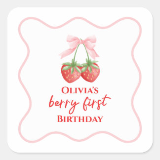 Sticker Carré Berry premier anniversaire de fraise Bow rose
