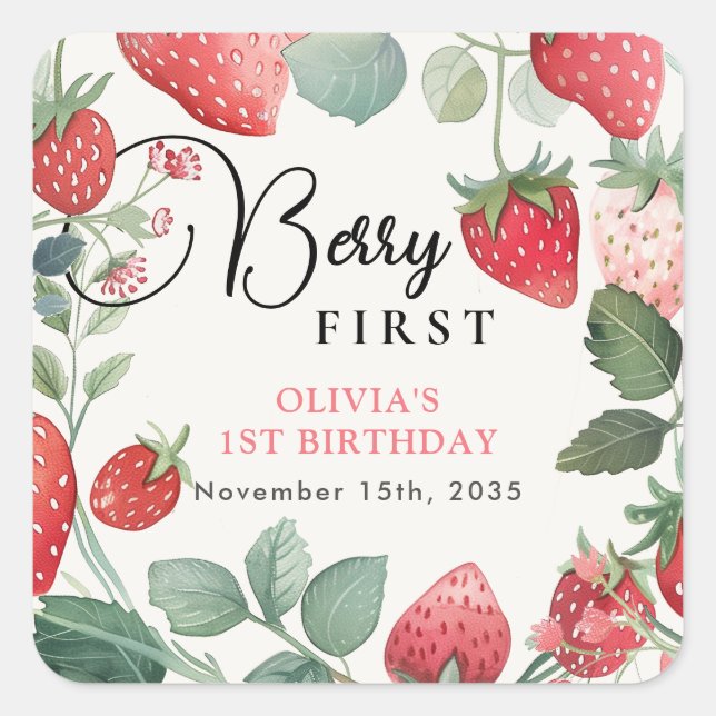 Sticker Carré Berry Premier Floral 1er Anniversaire (Devant)