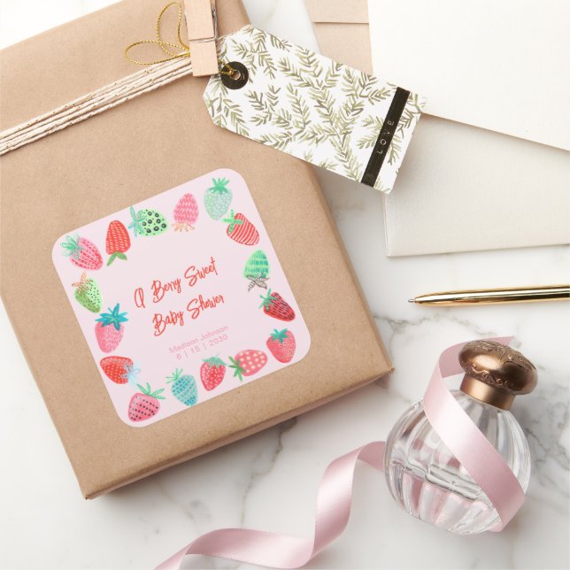 Sticker Carré Berry Sweet Baby shower fraise (Cadeaux)