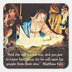 Sticker Carré Bible Verse, Matthieu 1:21 Marie et Jésus Noël