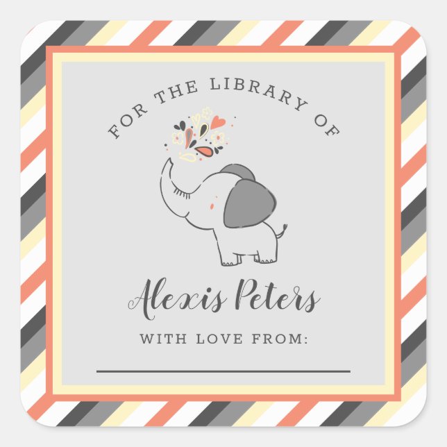 Sticker Carré Bibliothèque de Baby showers Orange Grey Elephant (Devant)
